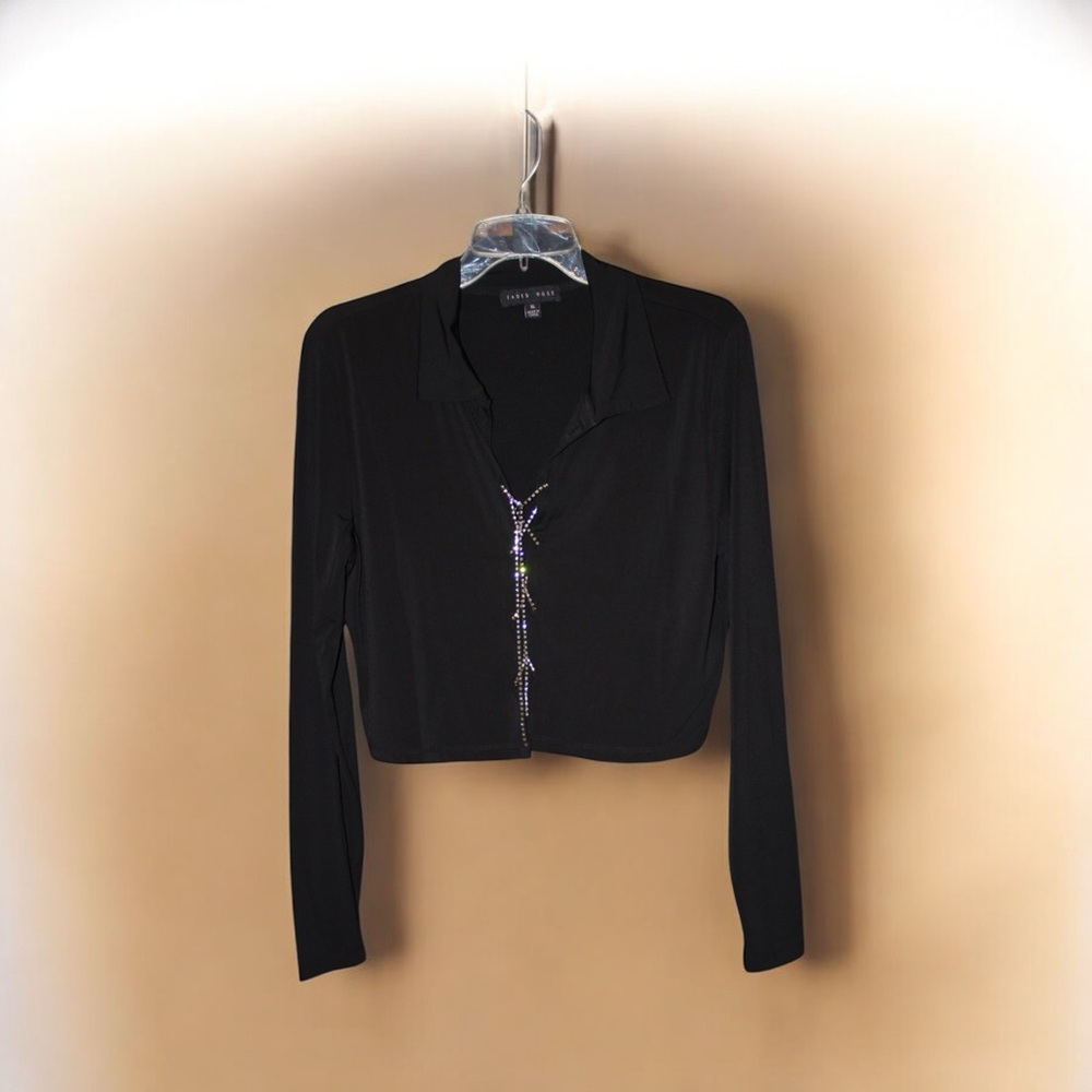 Faded Rose Black Cropped Top Rhinestone Tie Front Tie XL NWOT